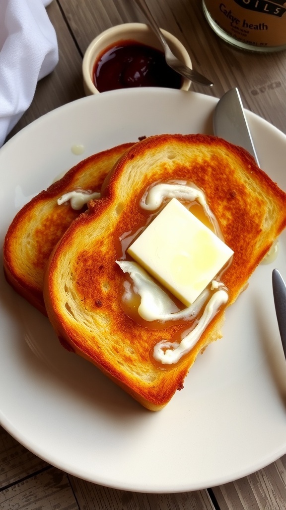 Golden-brown buttered toast on a plate with melting butter, served with jam and a butter knife.